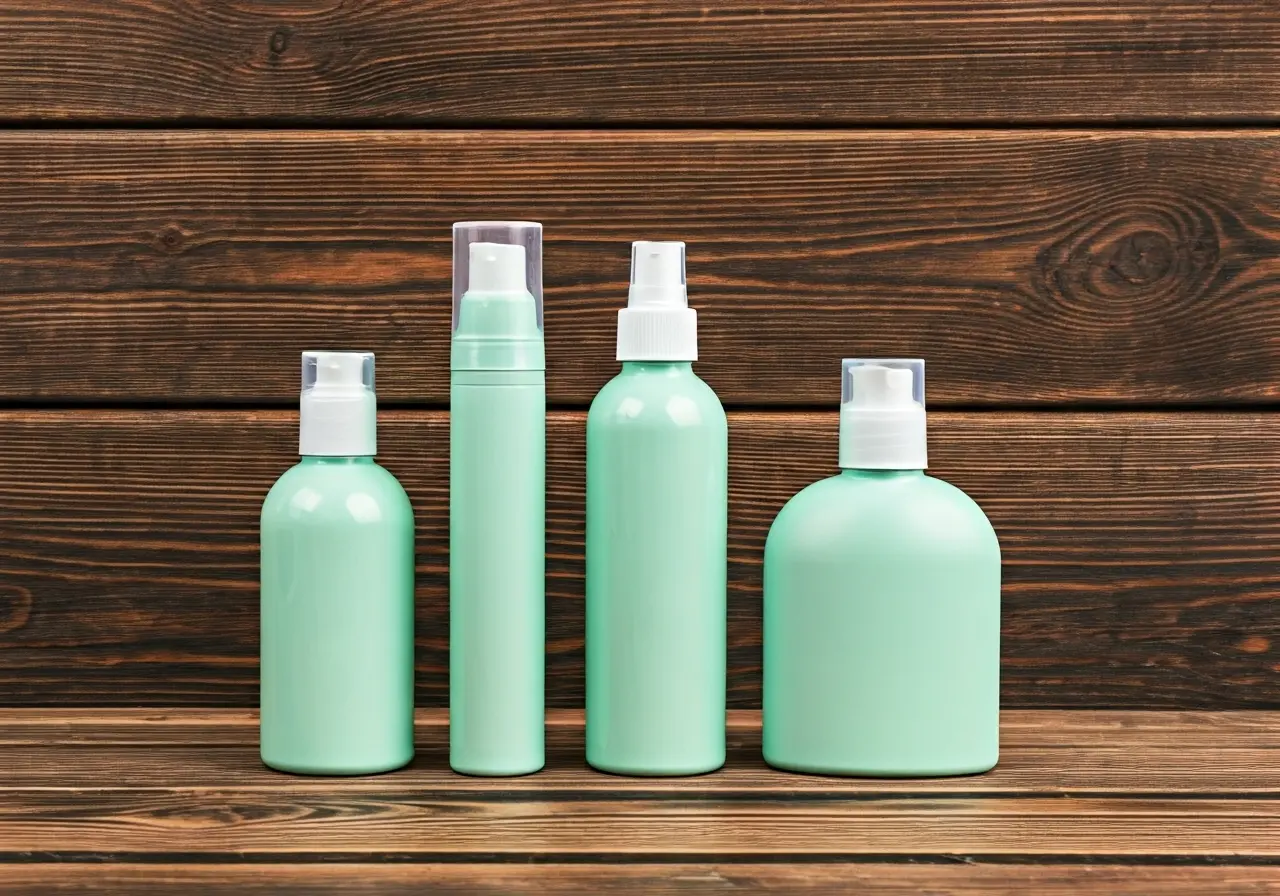 Eco-friendly hair products arranged neatly on a wooden table. 35mm stock photo
