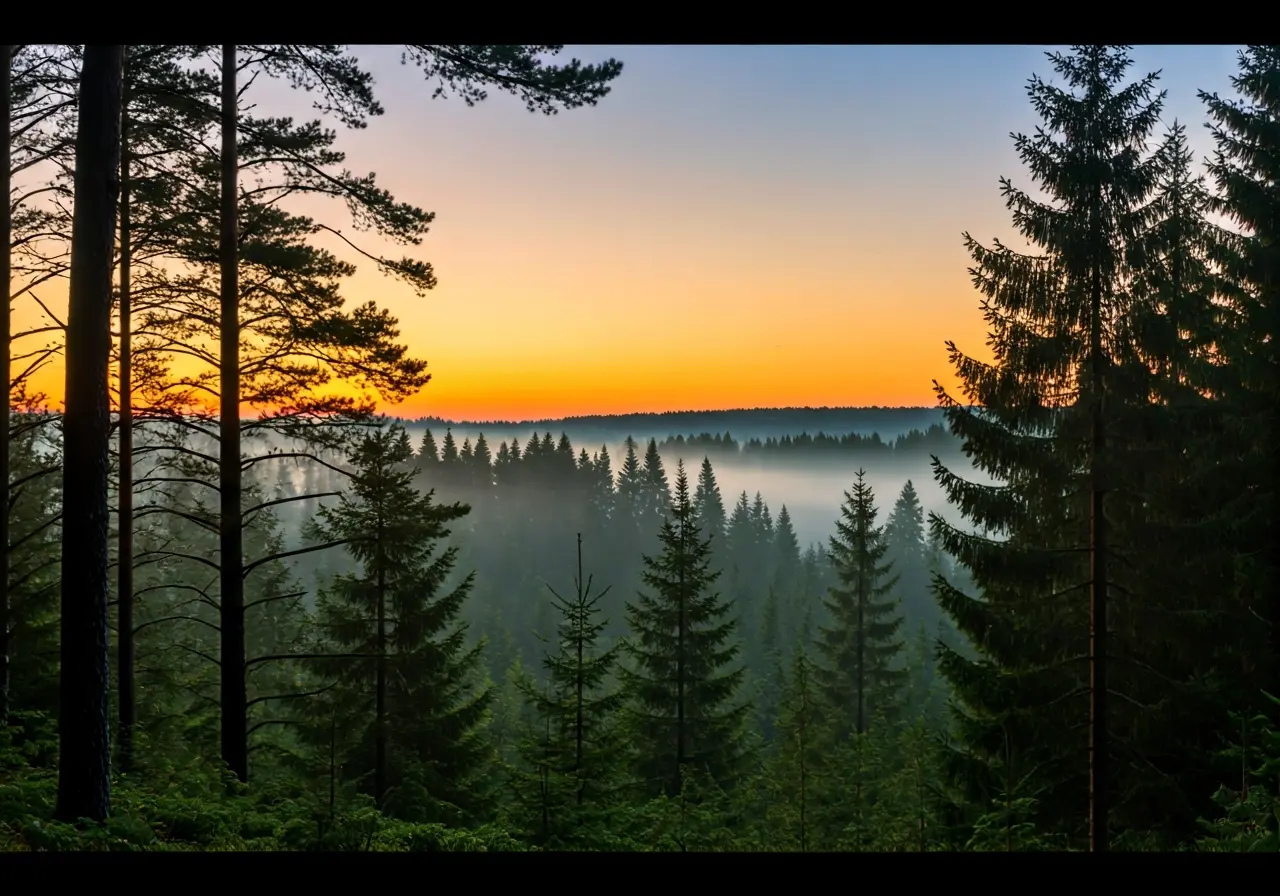 A peaceful sunrise over a tranquil, misty forest. 35mm stock photo