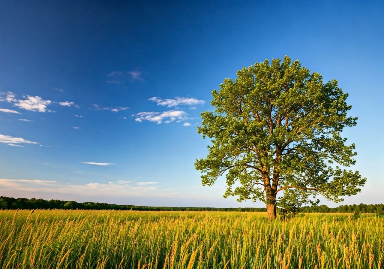 A serene landscape with a single tree under a blue sky. 35mm stock photo