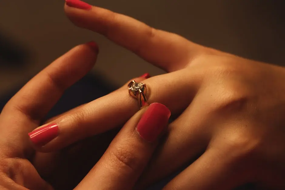 Detailed close-up of woman adjusting diamond ring on manicured hands.