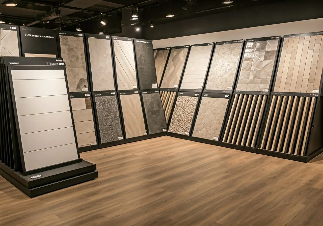 A showroom displaying a variety of porcelain tile designs. 35mm stock photo