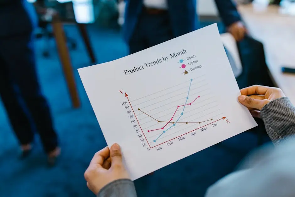 Close-up of hands holding a product trend chart in a corporate office setting.