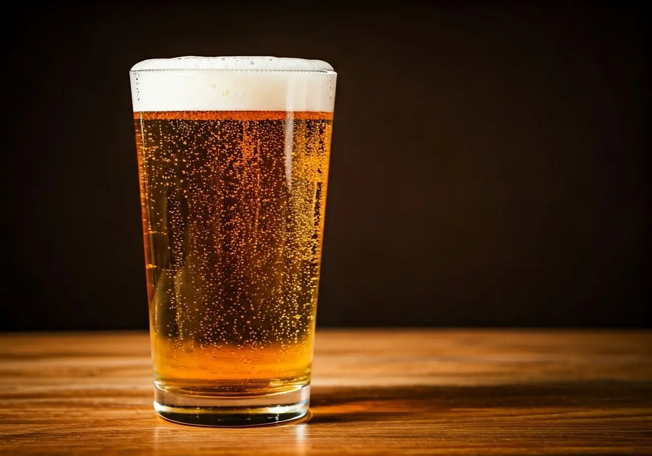 A close-up of a frothy beer glass on a wooden table. 35mm stock photo
