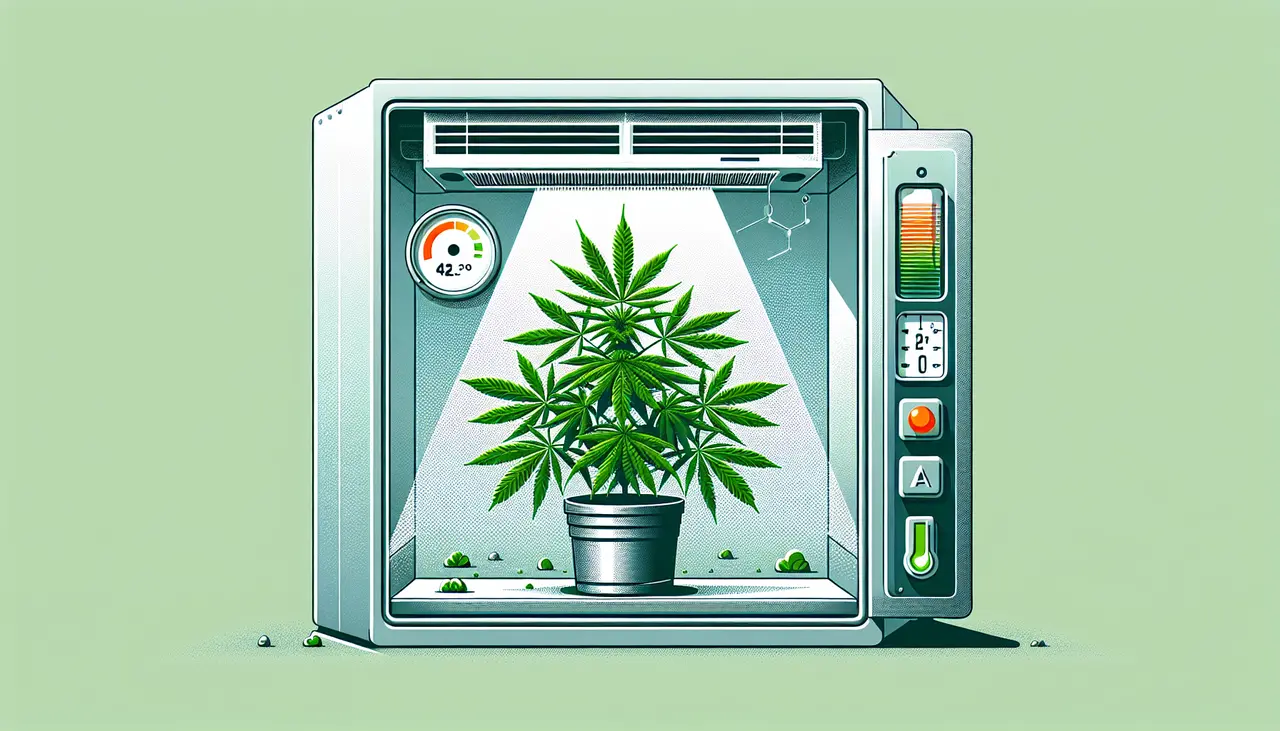 Draw a graphic in flat design style. A flat design illustration of a cannabis plant in a climate-controlled room with a visible air conditioning vent and temperature gauge.