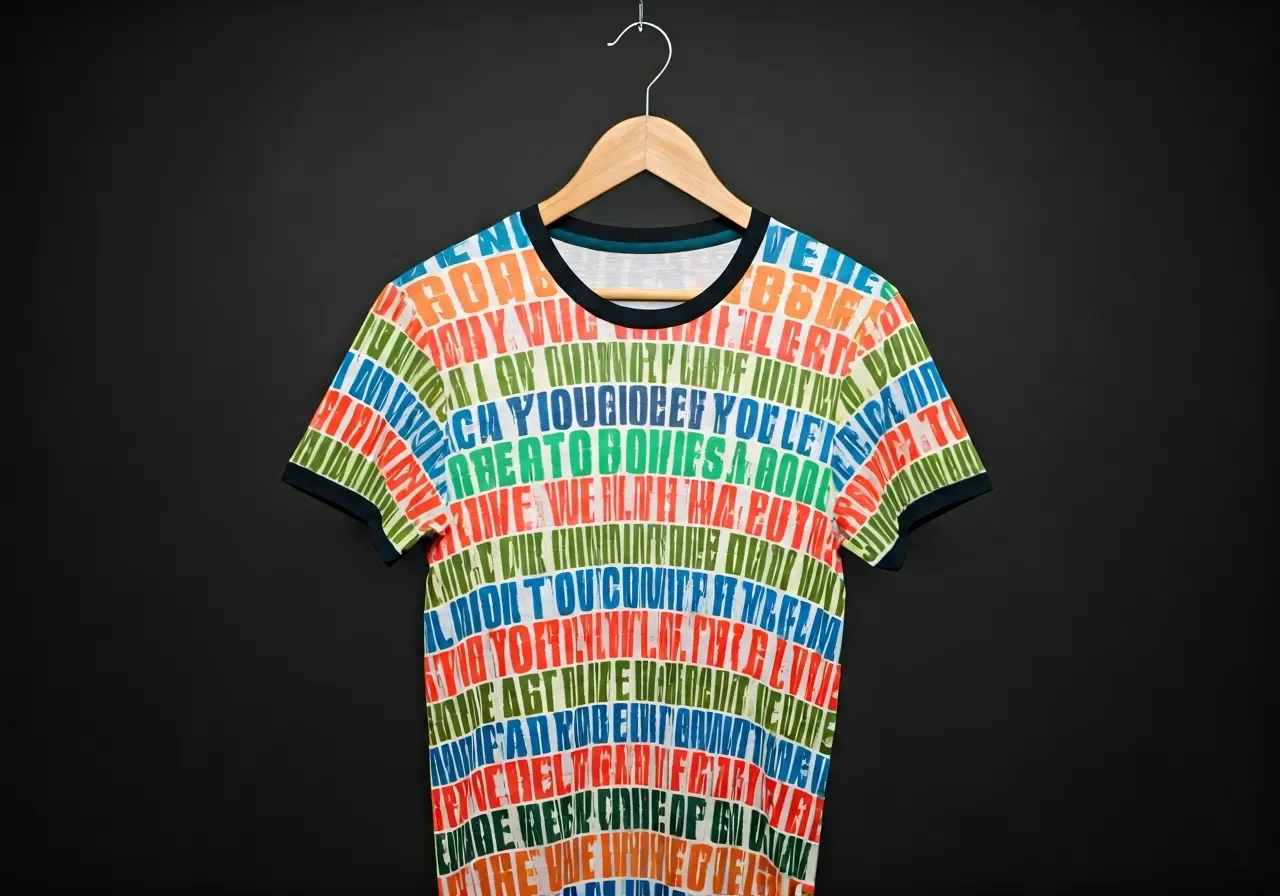 A colorful motivational t-shirt hanging on a wooden hanger. 35mm stock photo