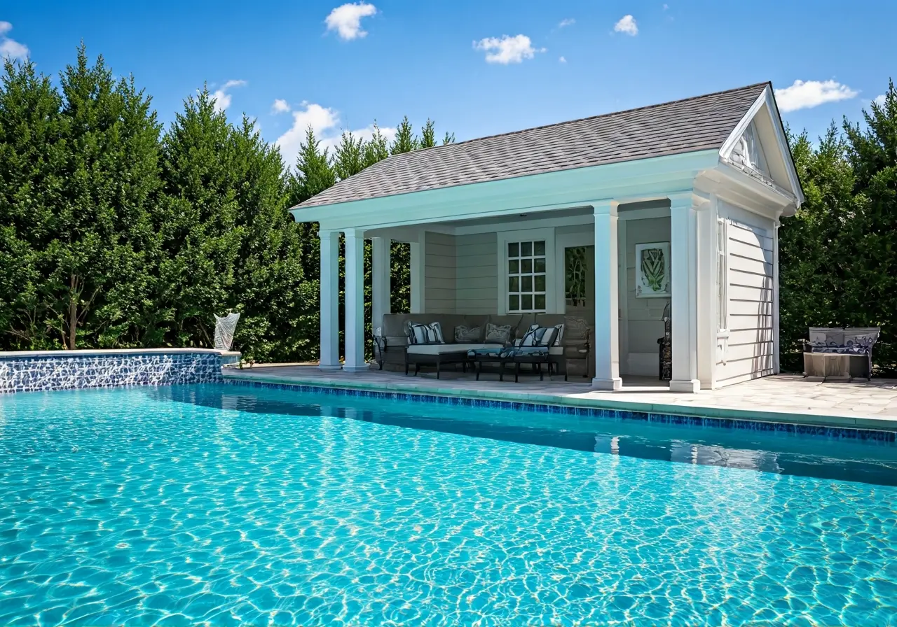 A luxurious pool house beside a sparkling blue swimming pool. 35mm stock photo