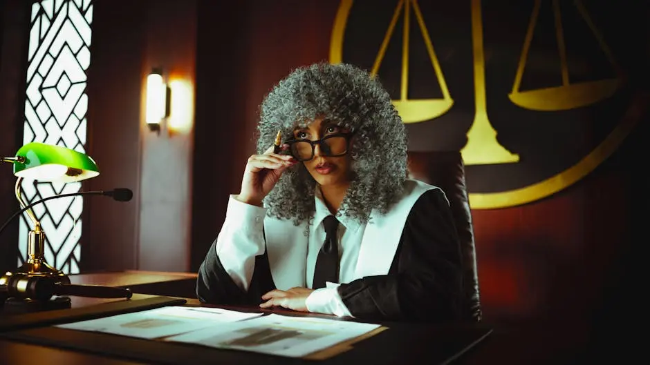 Judge in traditional attire sits at a courtroom desk with a serious expression.