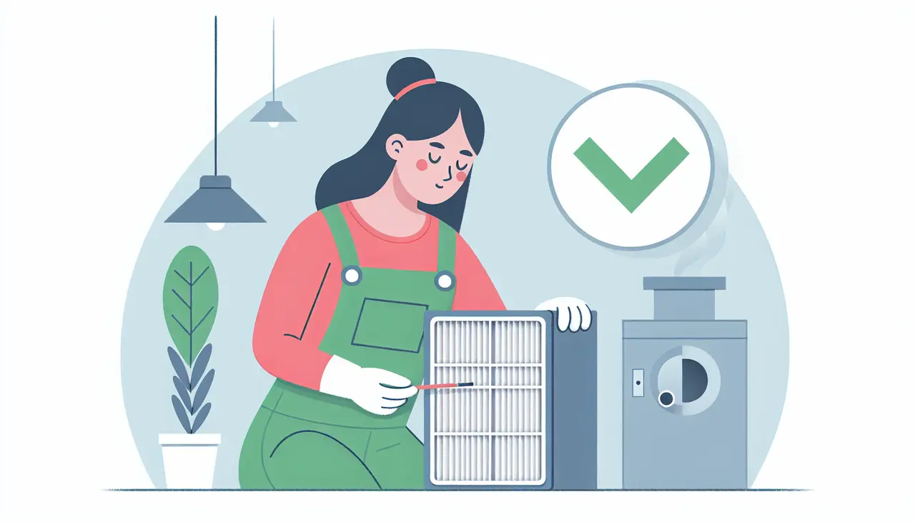 Draw a graphic in flat design style. A flat design image of an HVAC technician inspecting a clean air filter with a checkmark symbol, set against a simple, uncluttered background.