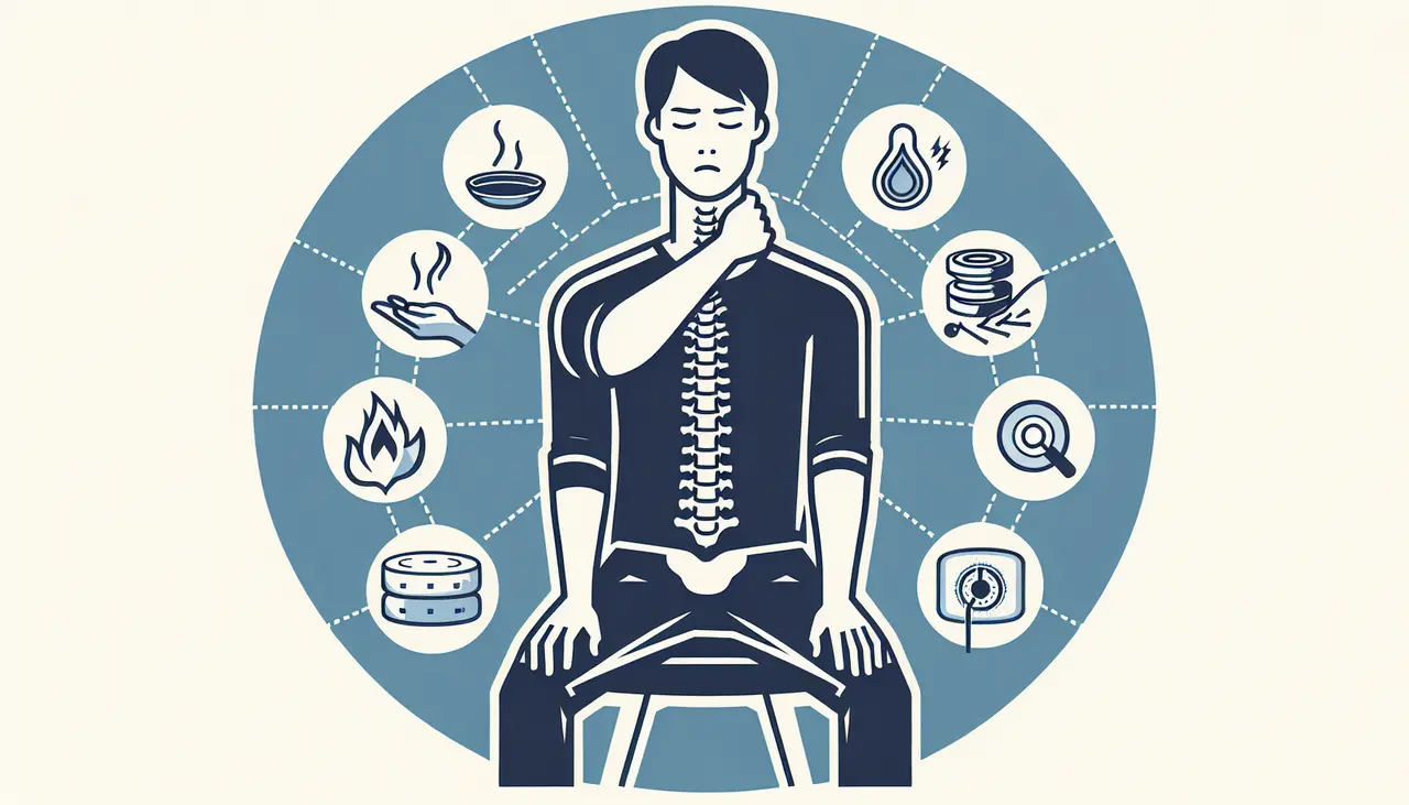 Draw a graphic in flat design style. An illustration of a person sitting in a relaxed posture with a thoughtful expression, indicating neck pain, surrounded by 12 floating, stylized icons representing discomfort and massage therapy.