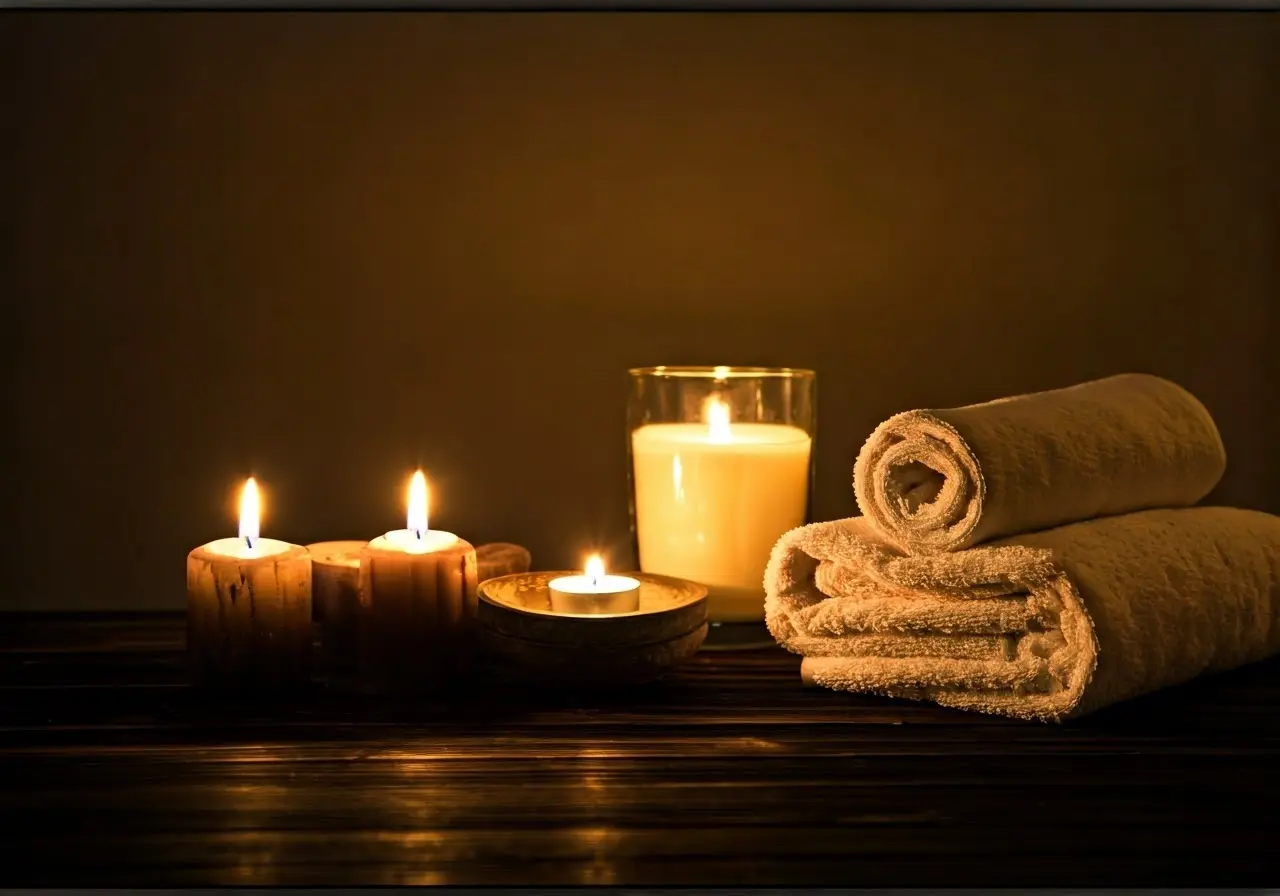 A peaceful spa setting with relaxing candles and towels. 35mm stock photo