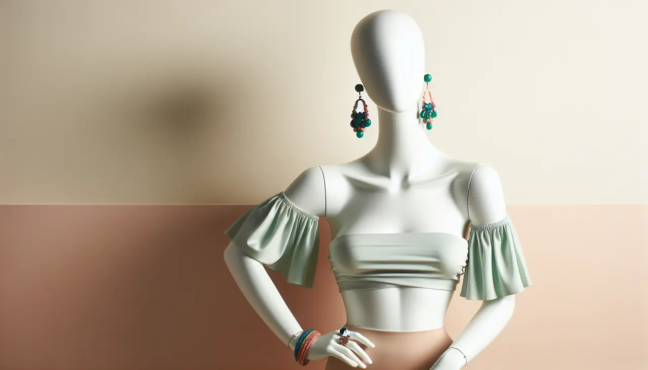 Draw a graphic in flat design style. A minimalist flat design image of a mannequin wearing a sleek, off-shoulder sexy top paired with bold, colorful handmade beaded earrings and a matching bracelet, set against a light pastel background.