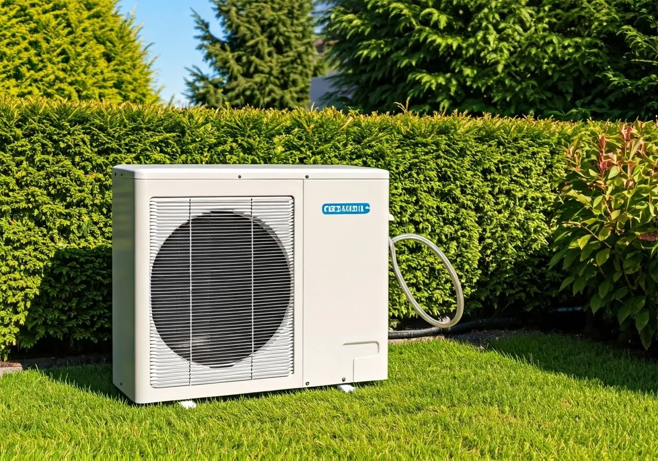 Modern heat pump in a residential backyard on a sunny day. 35mm stock photo