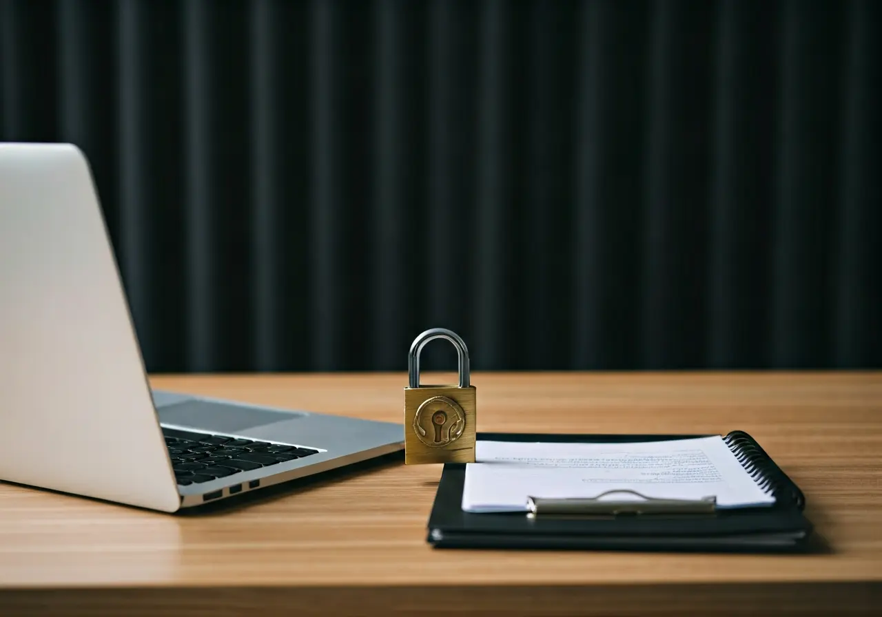 A modern office desk with a laptop and a padlock. 35mm stock photo