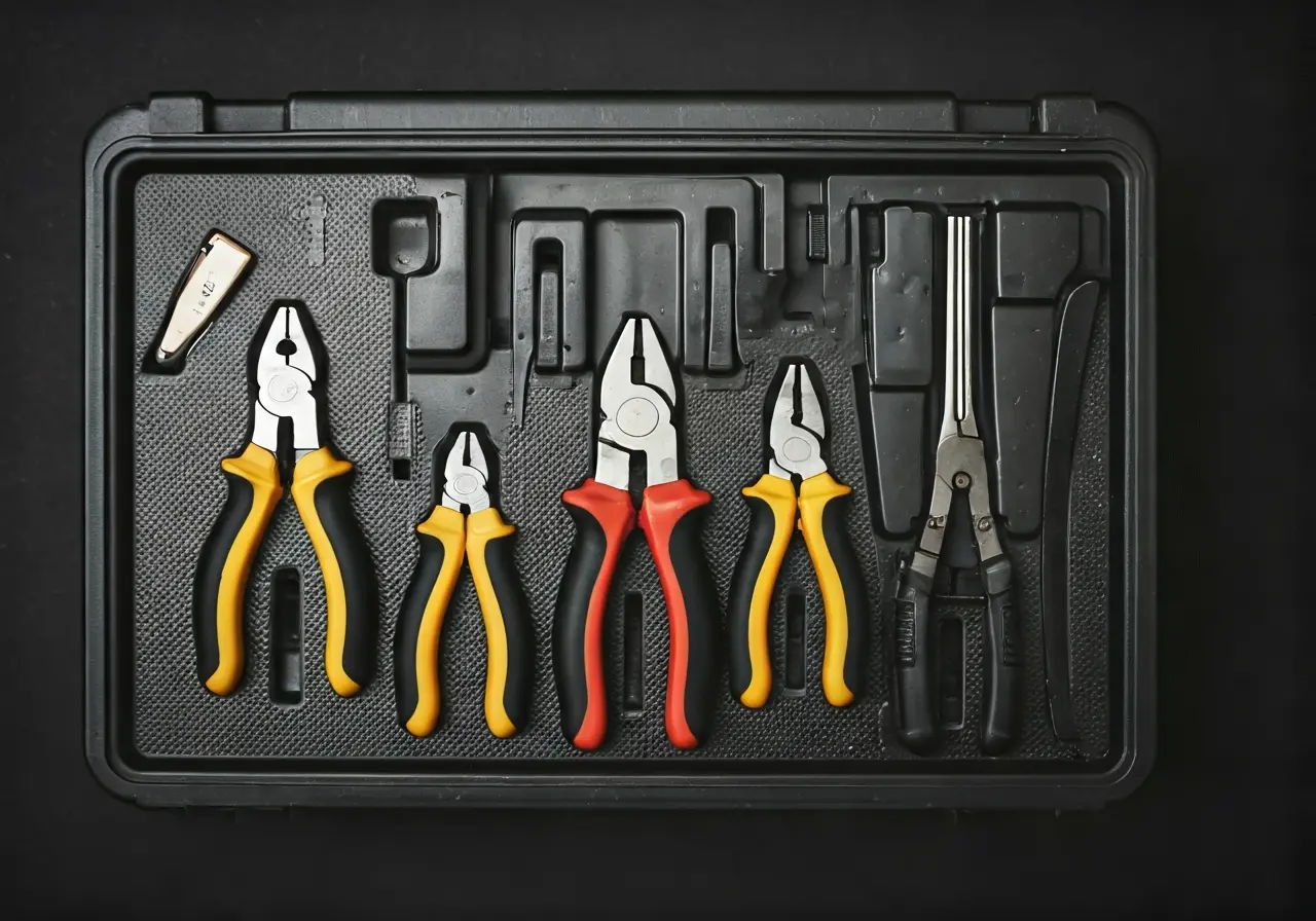 A neatly organized toolbox with various electrical tools inside. 35mm stock photo
