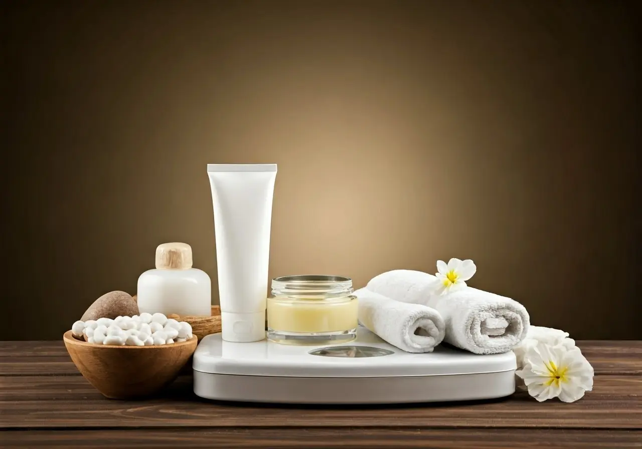 A serene spa setting with skincare and weight scale items. 35mm stock photo