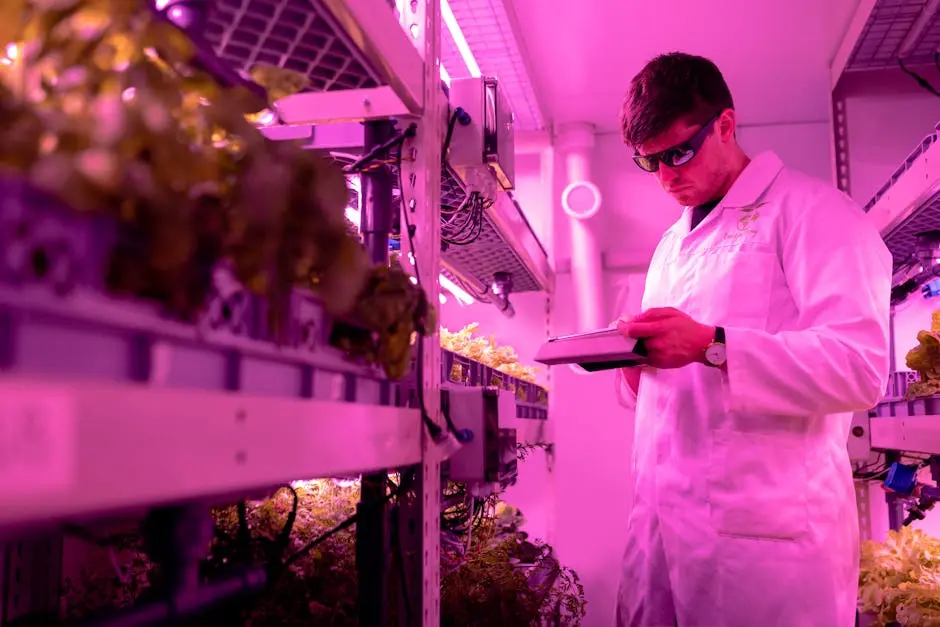 Scientist in lab coat examining plants in a high-tech indoor farming setup with ultraviolet lighting.