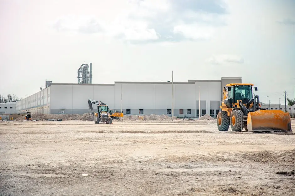 A large construction site featuring heavy machinery and industrial building in progress.