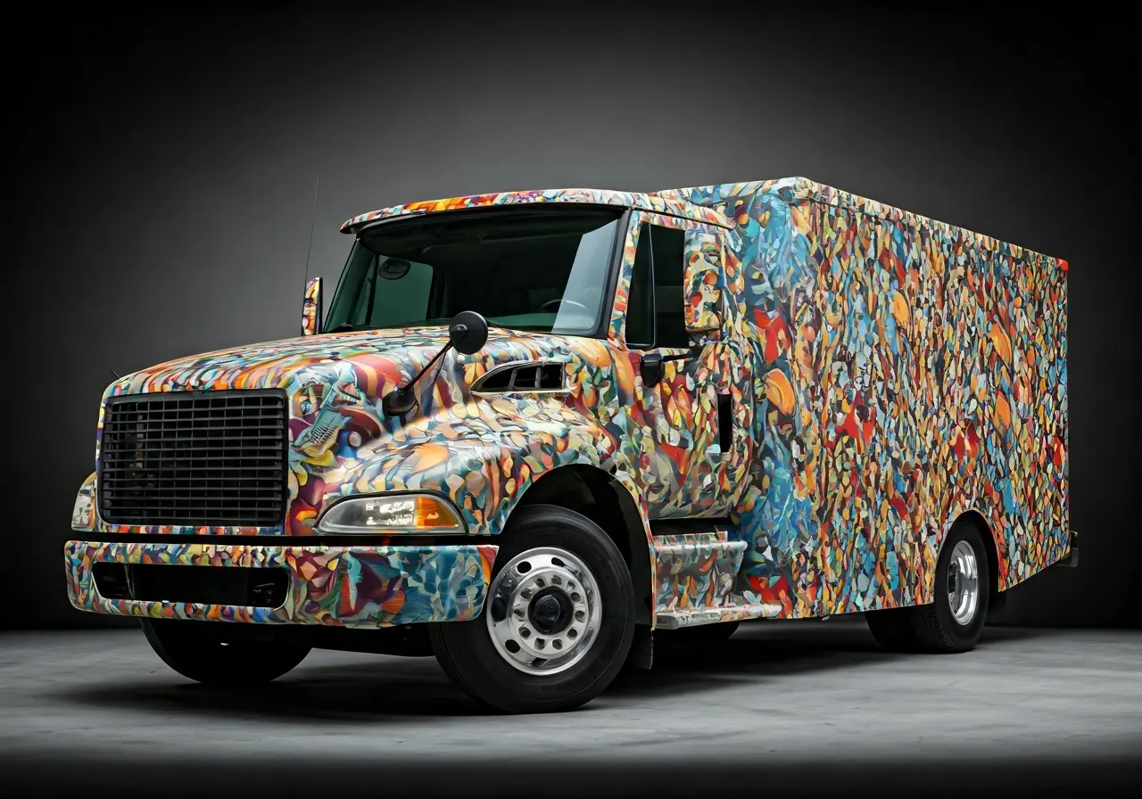 A vibrant commercial truck wrapped in a colorful graphic design. 35mm stock photo