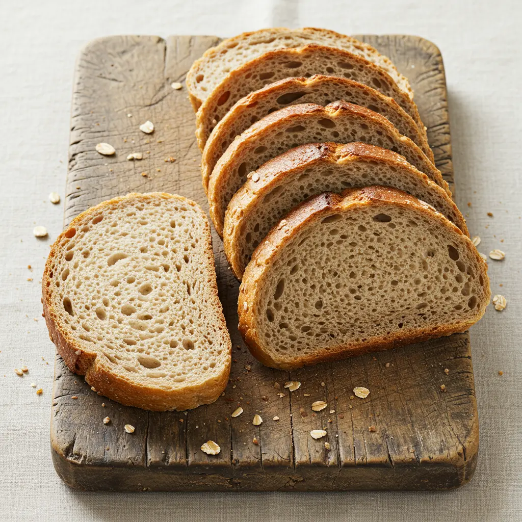 Whole grain bread slices on a wooden board.