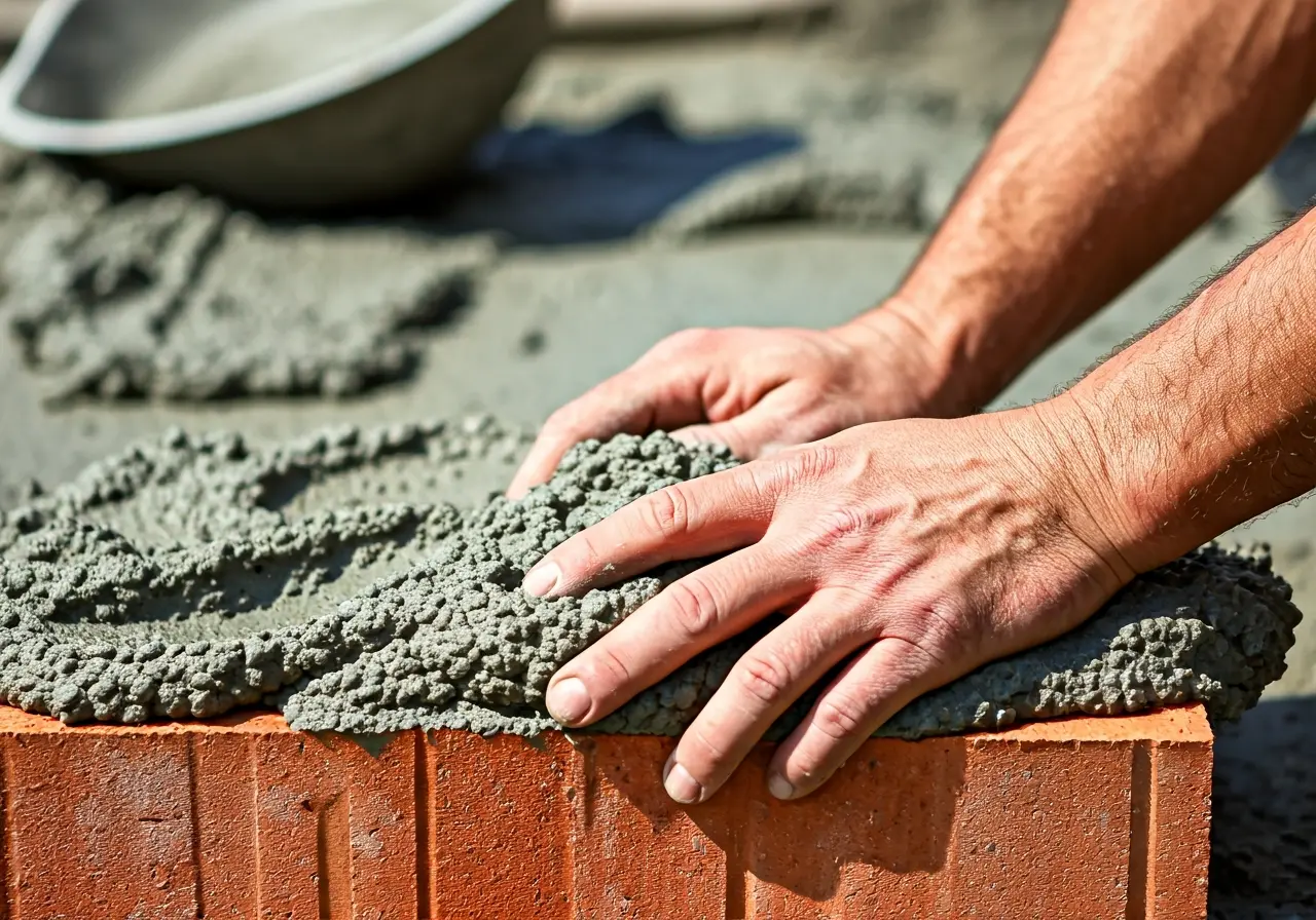 A close-up of hands laying bricks with cement outdoors. 35mm stock photo