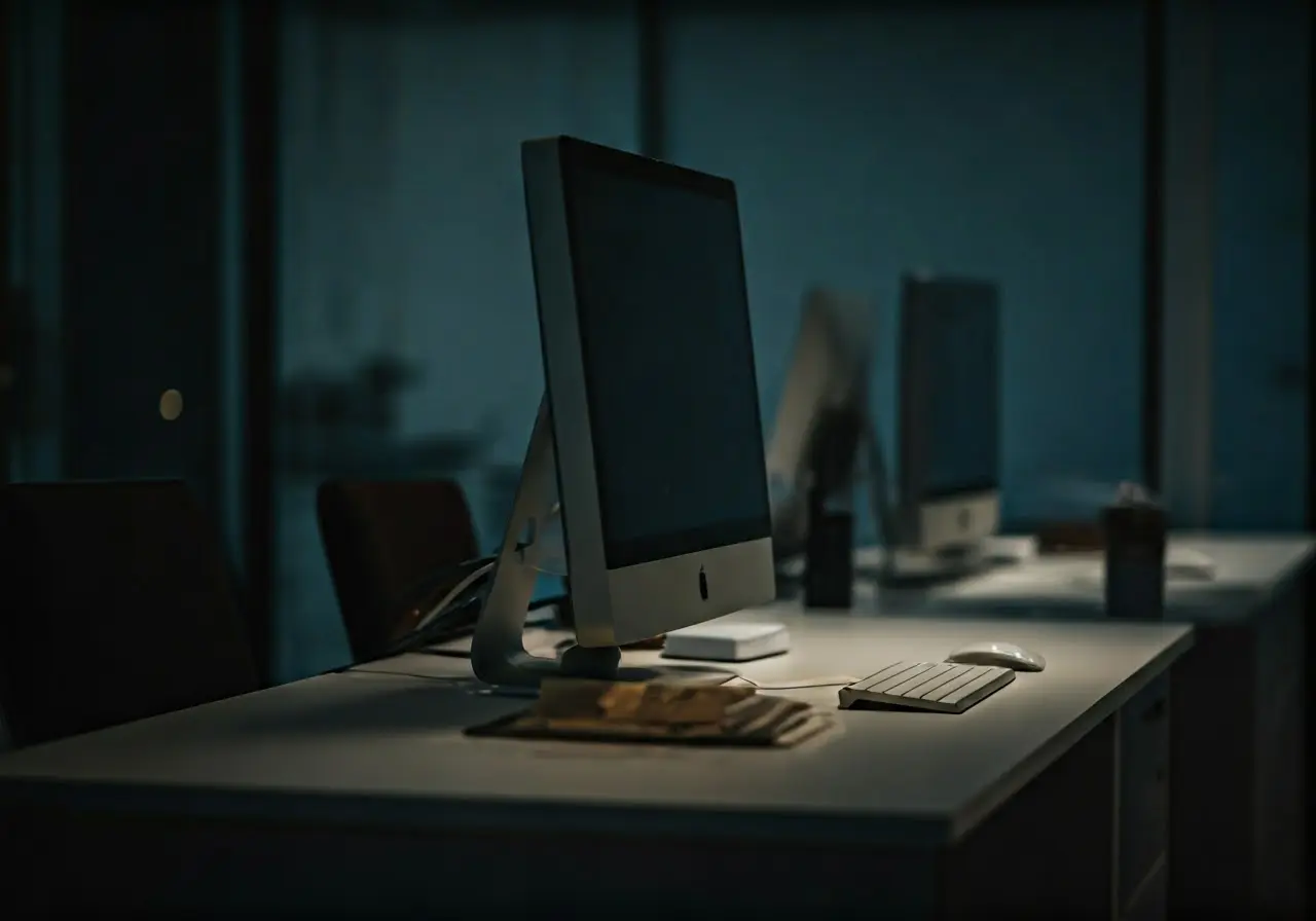 A modern office with sleek computers and high-tech gadgets. 35mm stock photo