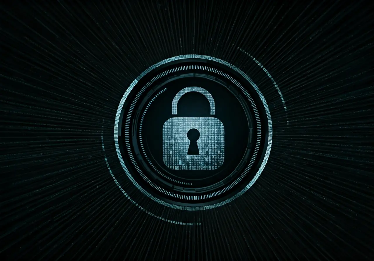 A digital lock icon surrounded by binary code patterns. 35mm stock photo