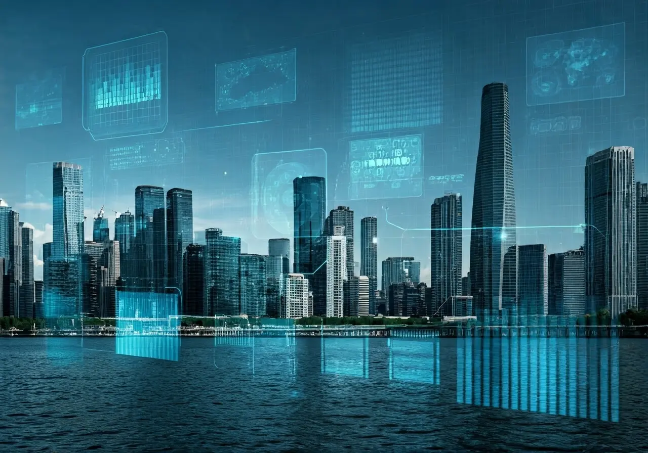 A futuristic cityscape with digital interface overlays. 35mm stock photo