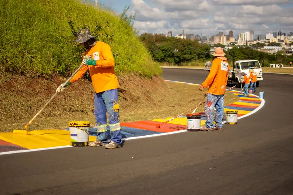 Workers in orange clothing paint vibrant road markings on a sunny day in Londrina, Brazil.
