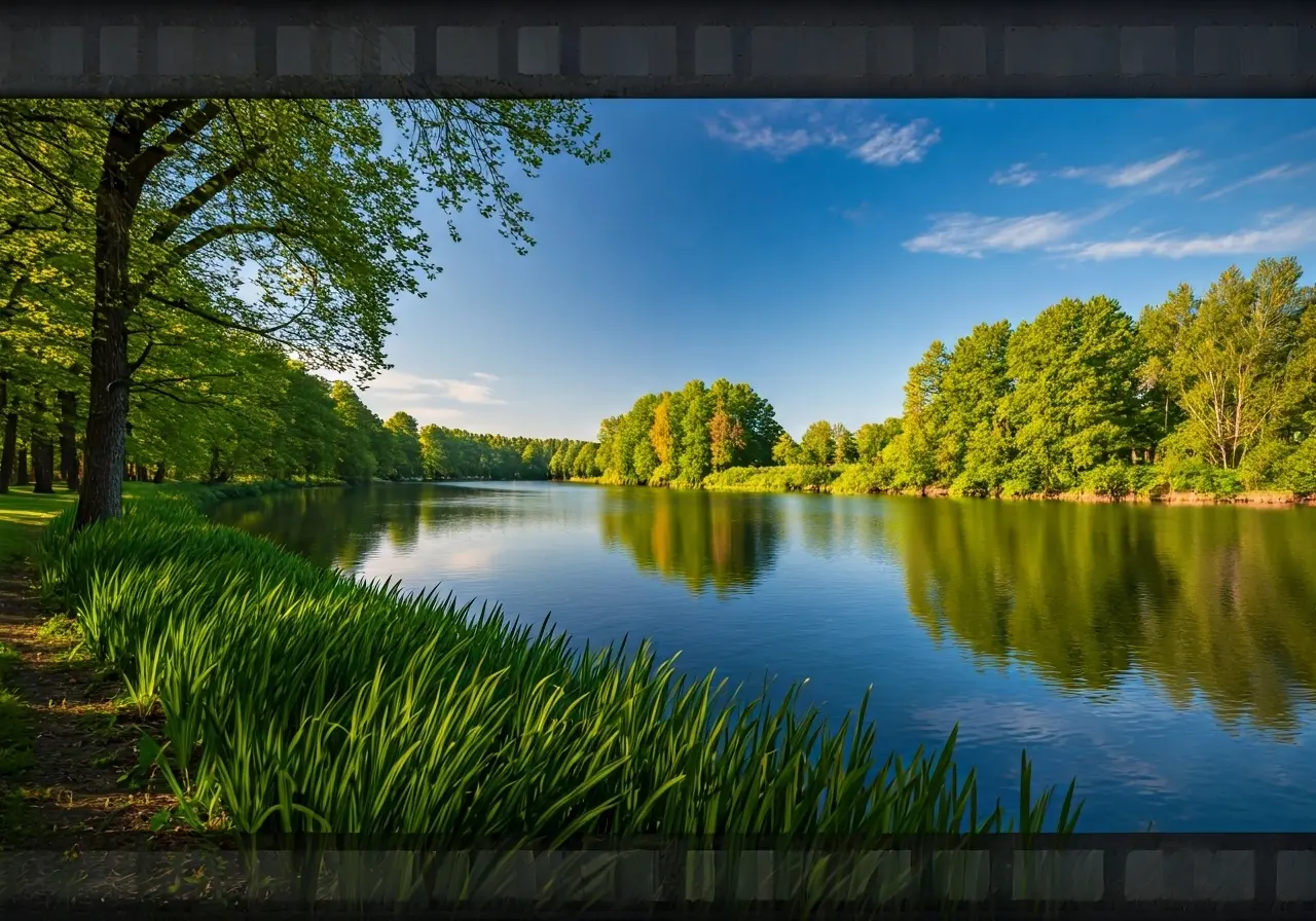 A serene landscape with a calming river and lush greenery. 35mm stock photo