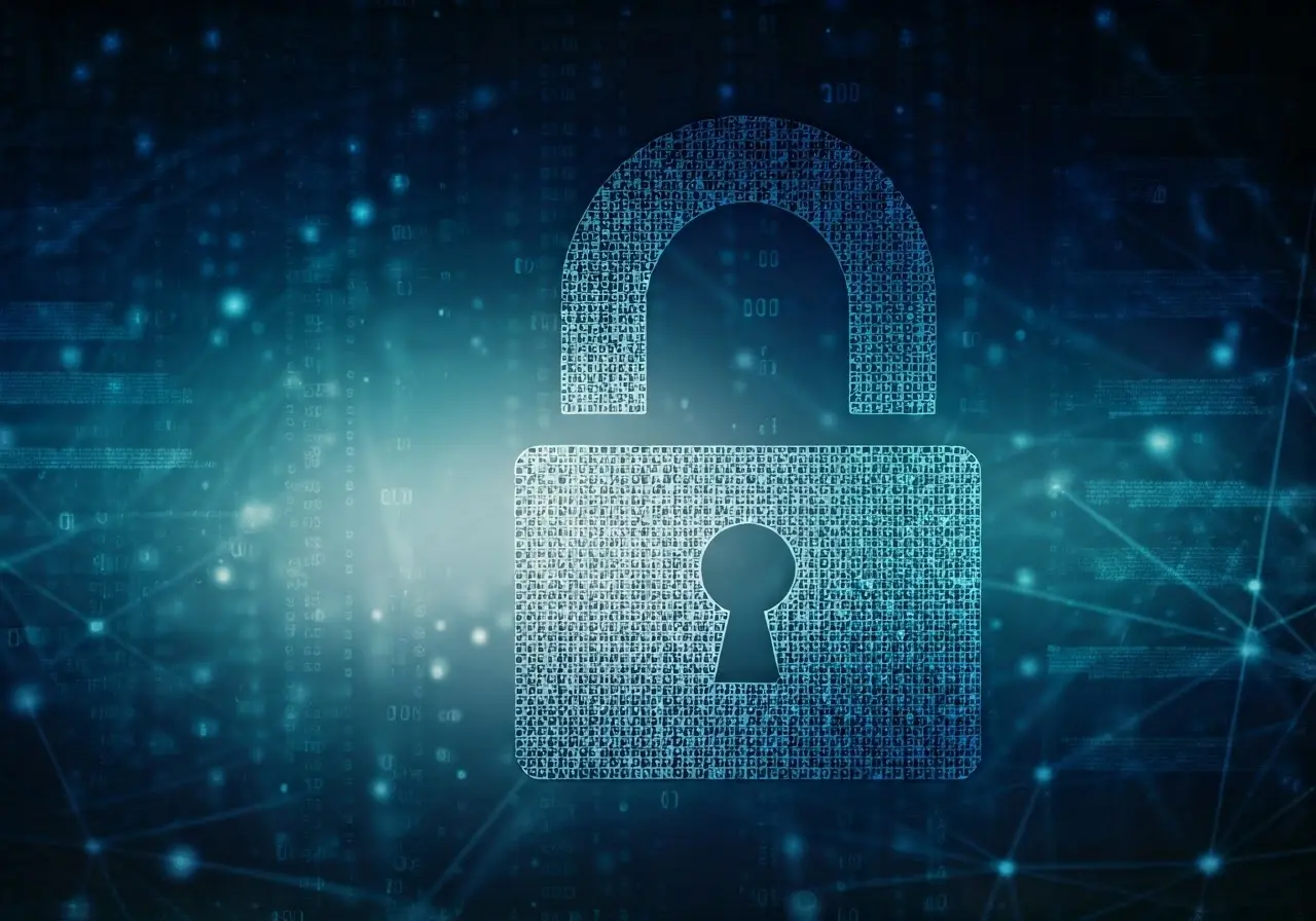 A padlock symbol over a digital network background. 35mm stock photo