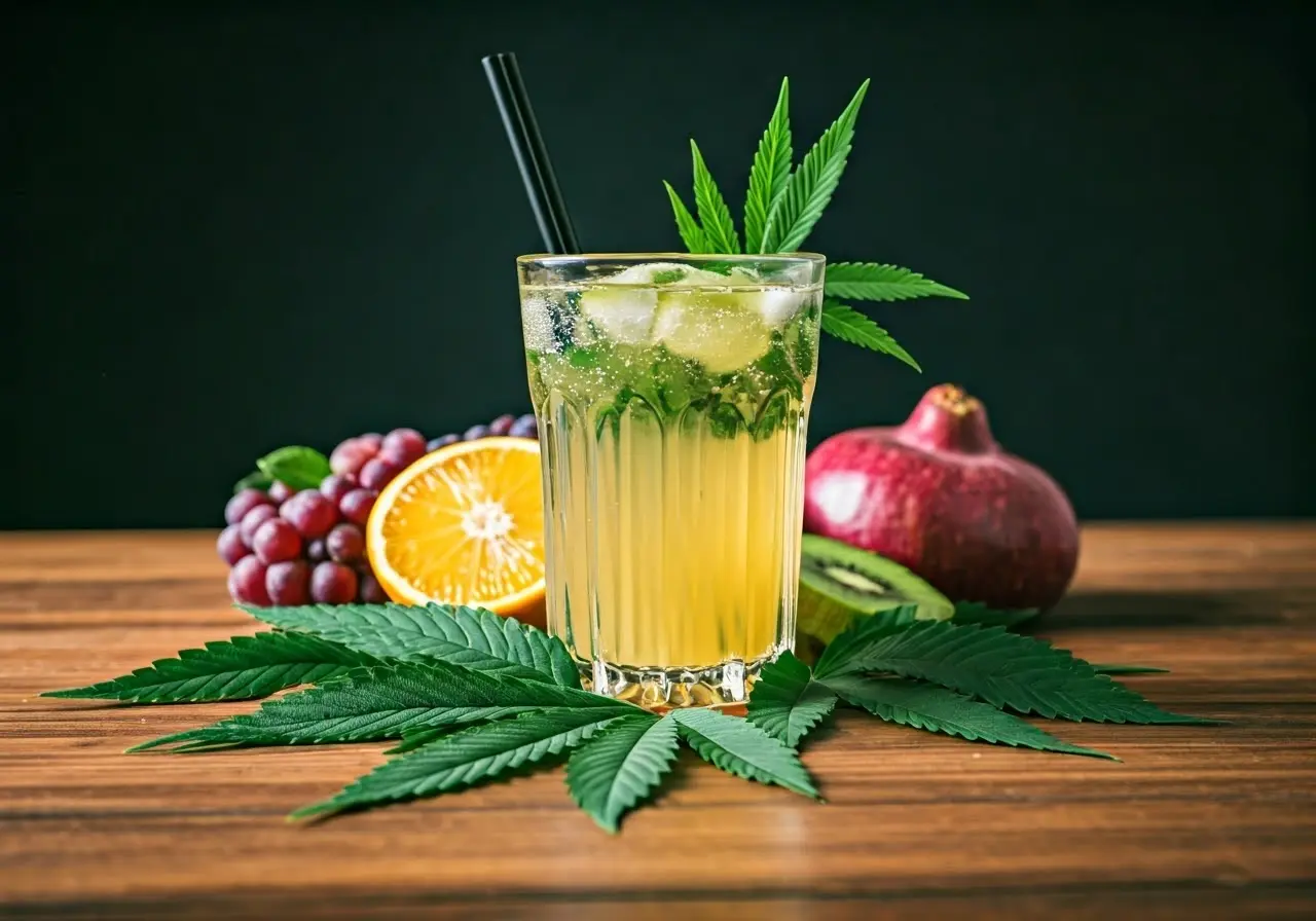 A refreshing drink surrounded by cannabis leaves and fruits. 35mm stock photo