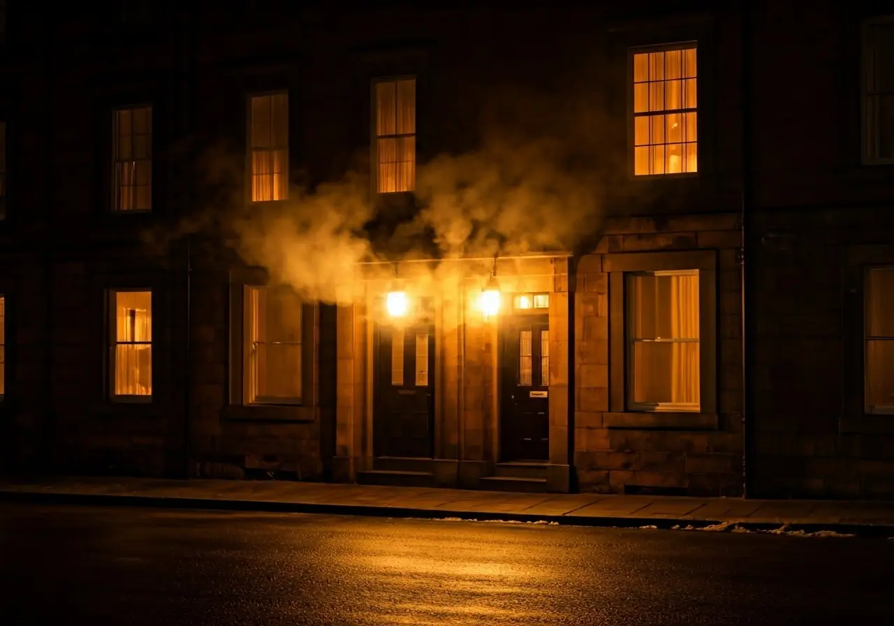 A warm, cozy Glasgow home exterior with steam rising. 35mm stock photo