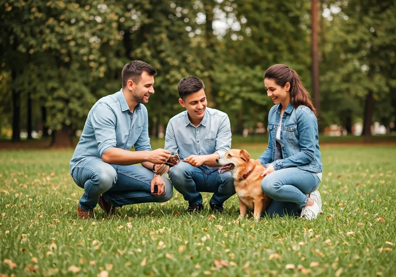 A family in a park training their happy dog. 35mm stock photo
