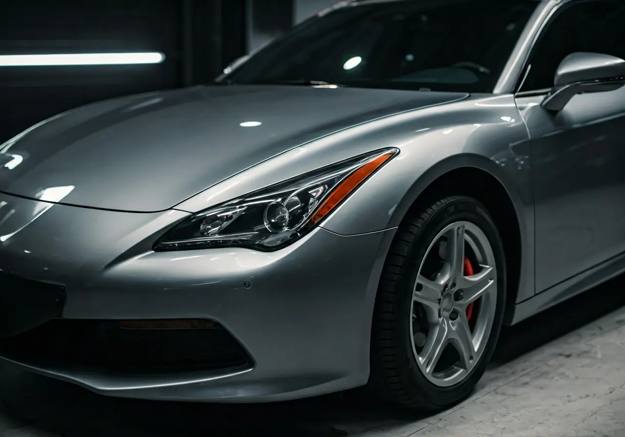 A gleaming luxury car being detailed with a microfiber cloth. 35mm stock photo