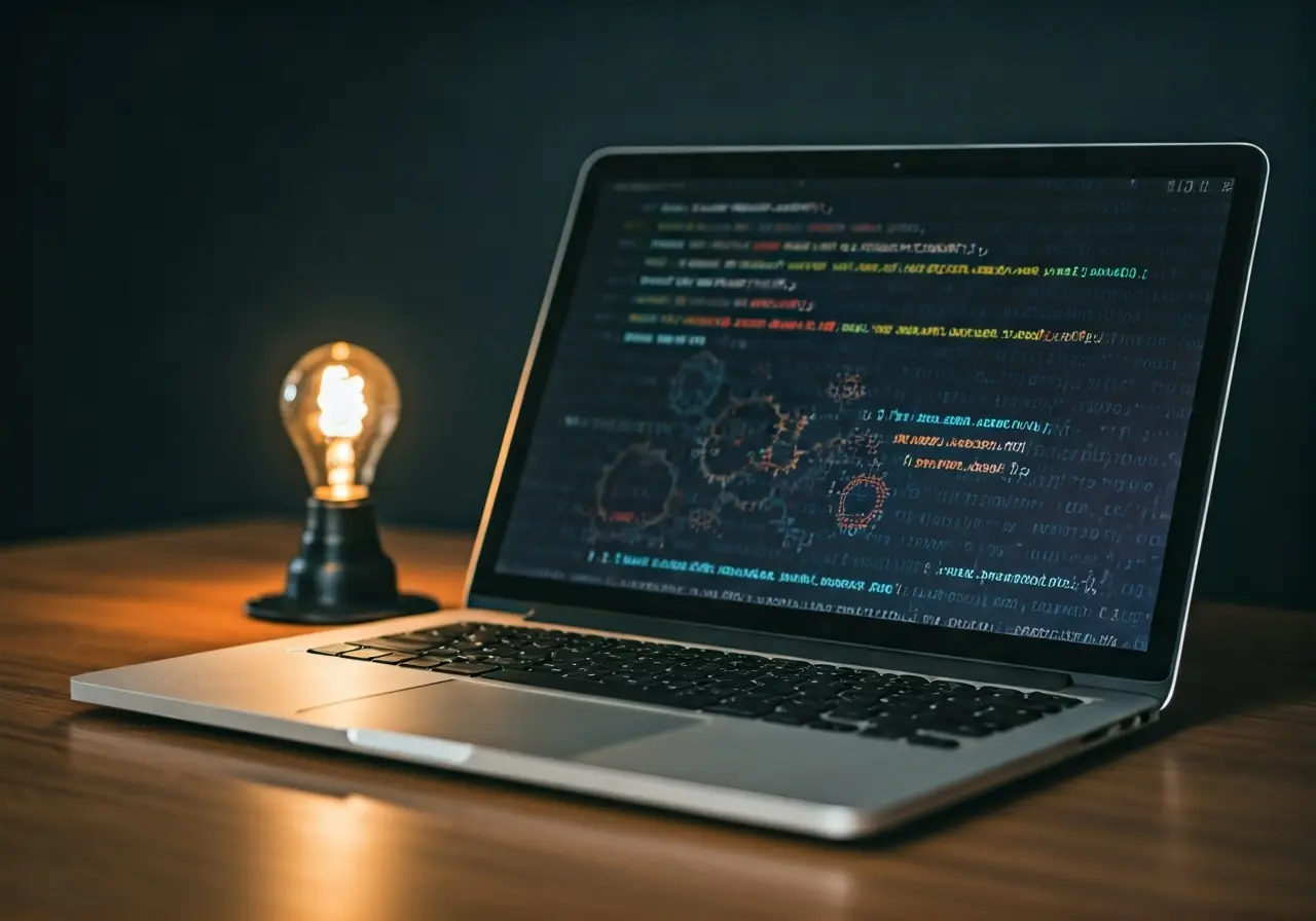 A laptop displaying code with digital gears and bulbs. 35mm stock photo