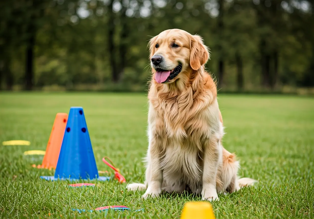 Golden retriever sitting attentively beside colorful training cones. 35mm stock photo