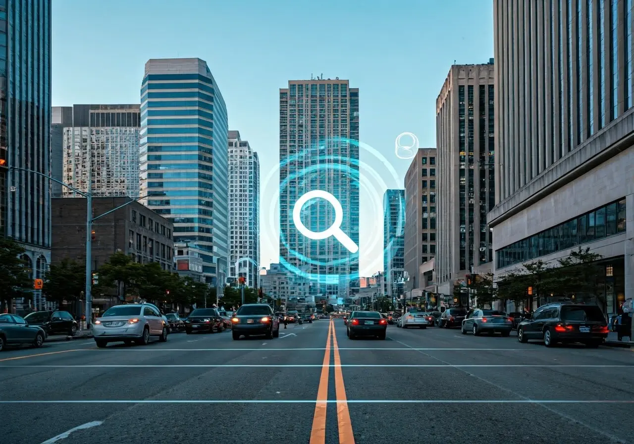 A bustling Long Island business district with digital search icons. 35mm stock photo