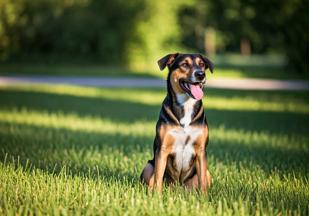 A well-trained dog sitting obediently in a grassy park. 35mm stock photo
