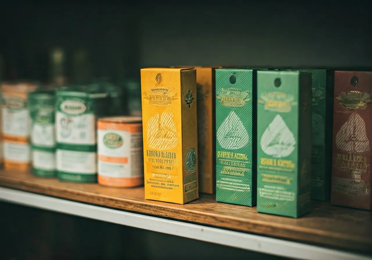 A variety of THC-A product packaging on display shelves. 35mm stock photo