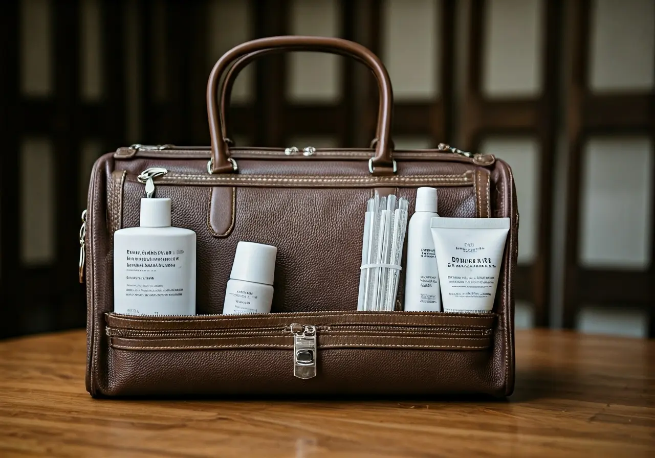 A neatly arranged bridal survival kit with essential items. 35mm stock photo