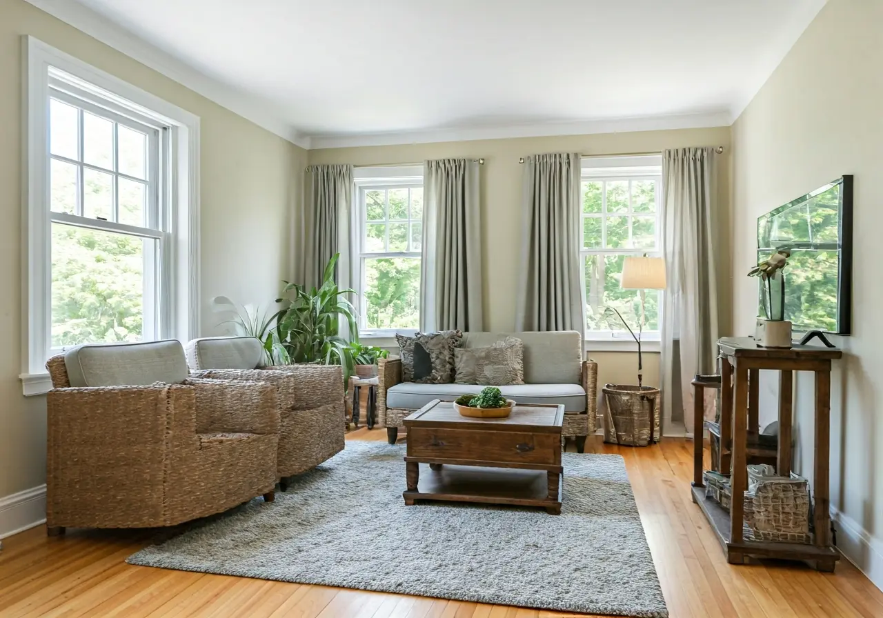 A neatly staged living room with bright, inviting decor. 35mm stock photo
