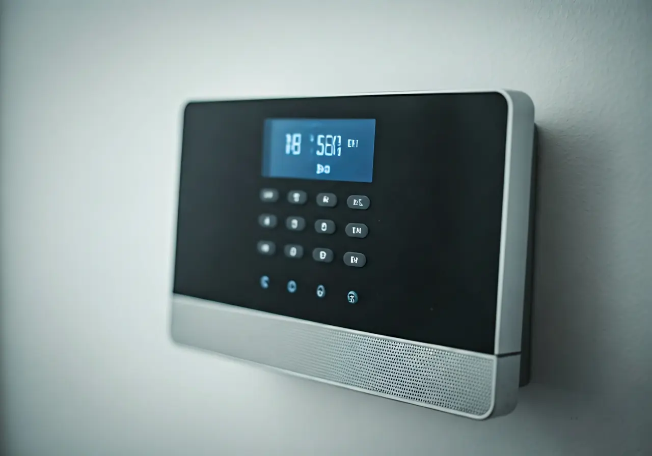 A modern smart security system with a digital control panel. 35mm stock photo