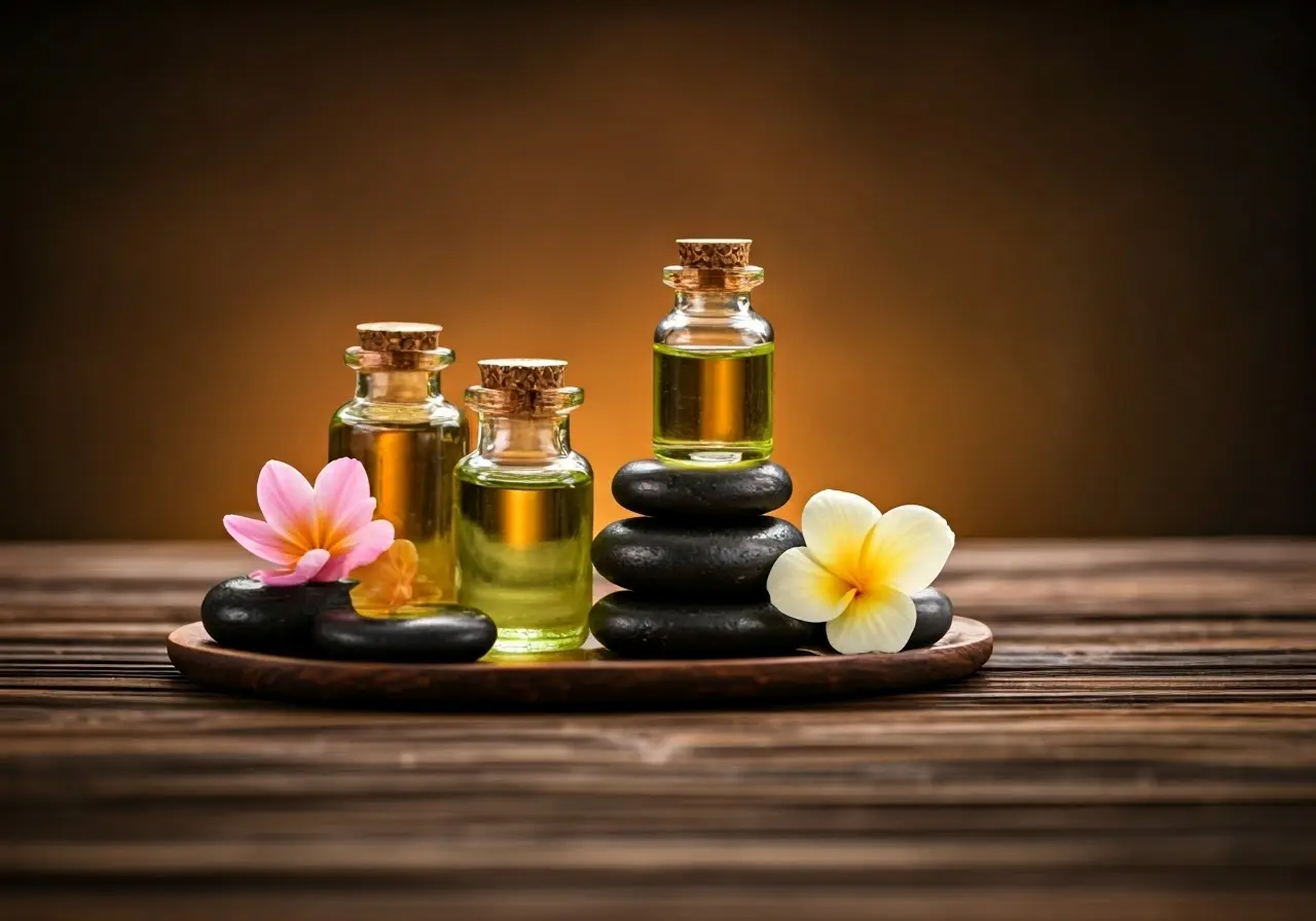 A tranquil spa scene with essential oils and massage stones. 35mm stock photo