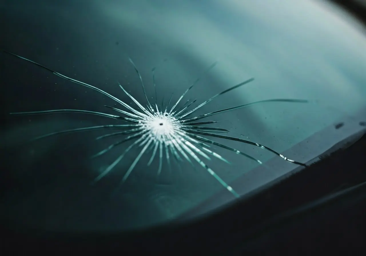 Close-up of a car windshield with a visible chip. 35mm stock photo