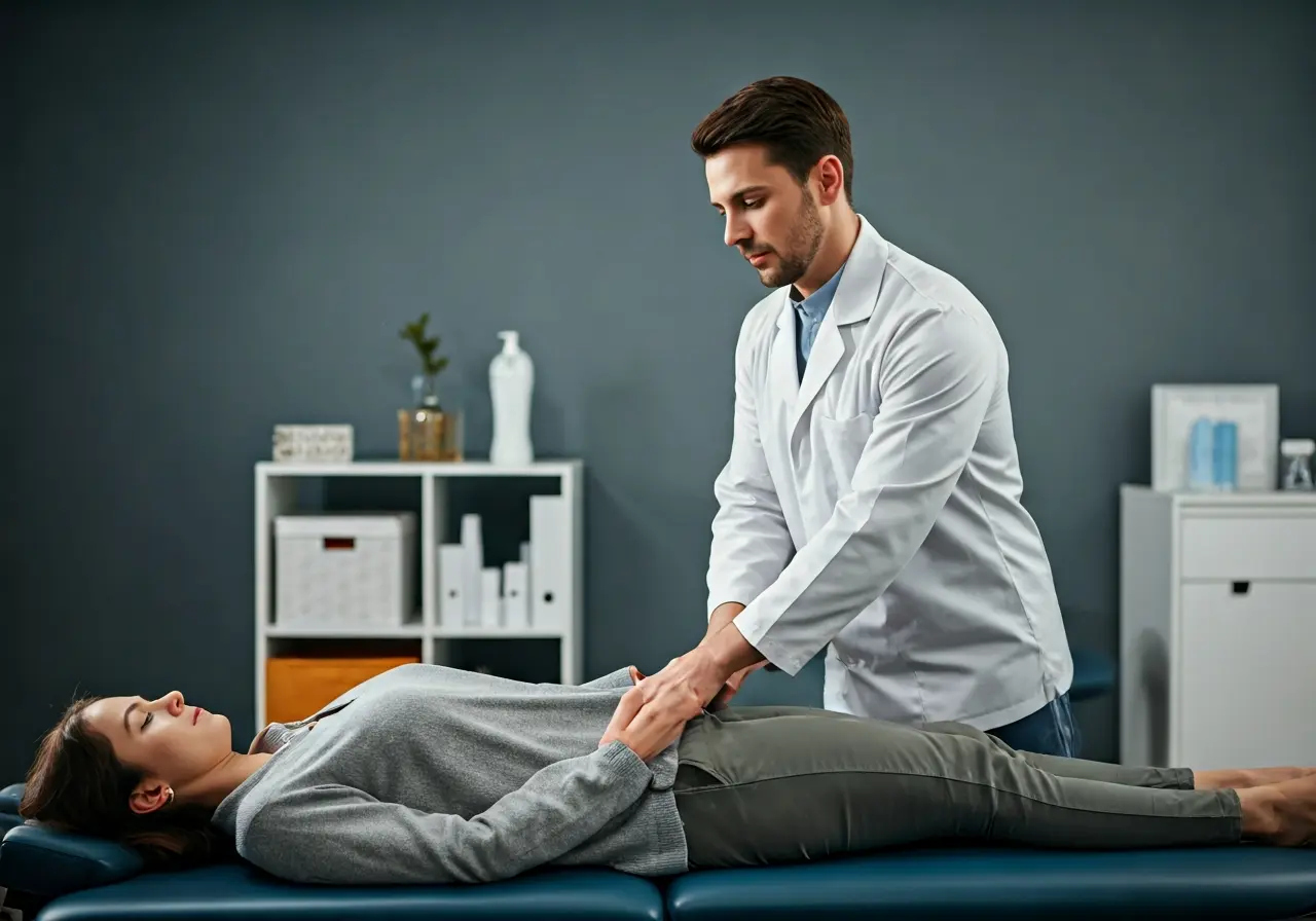 A chiropractor adjusting a patient&rsquo;s spine in a clinic. 35mm stock photo