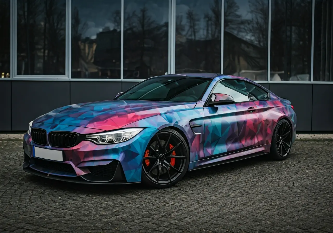 A sleek car with a vibrant geometric wrap on display. 35mm stock photo