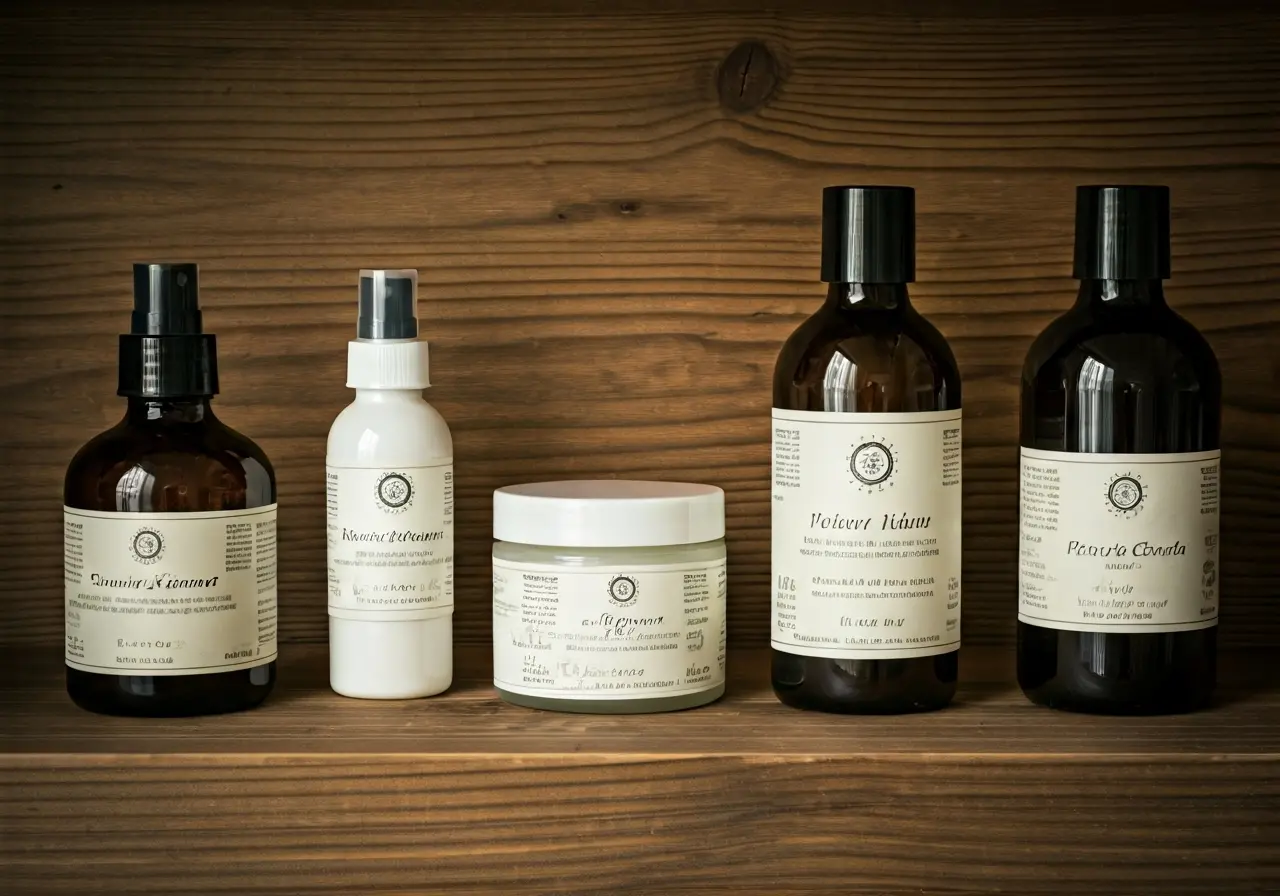 A collection of natural haircare products on a wooden shelf. 35mm stock photo