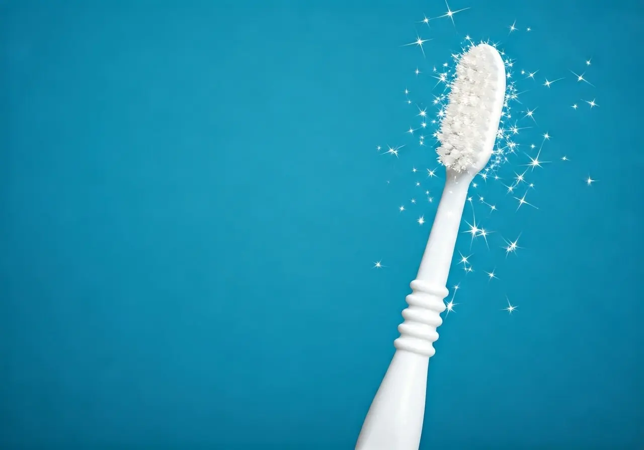 A sparkling white toothbrush against a bright blue background. 35mm stock photo