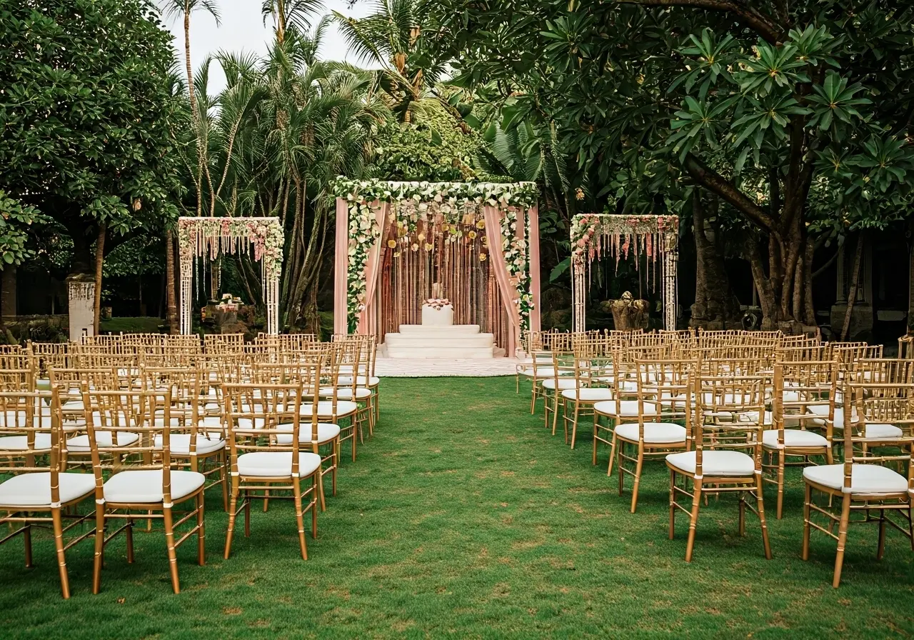 A well-organized event space set with chairs and decorations. 35mm stock photo