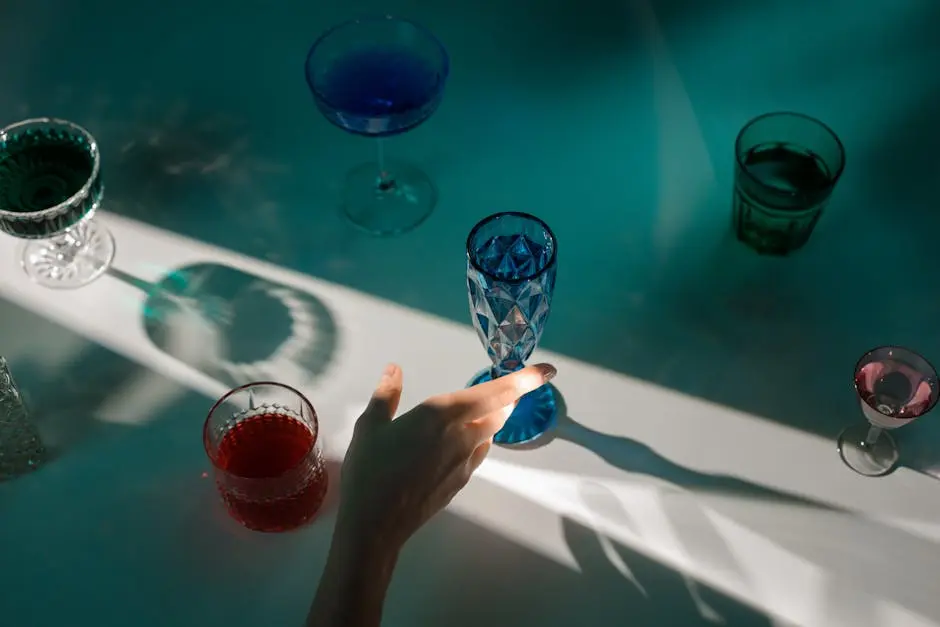 A minimalist still life featuring colorful drinks in elegant glassware with dramatic lighting.